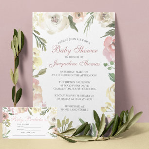 Elegant Blush Pink Ivory Floral Baby Girl Shower Invitation