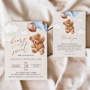 Teddy Bear, Blue Balloons, First Birthday Invitation