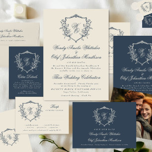 Vintage Floral Crest Cream & Navy Monogram Wedding Invitation