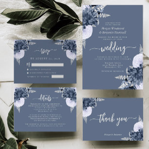Dusty Blue Silver Floral Wedding Invitation