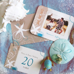 Tan Ivory Teal Modern Beach Wedding Invitation