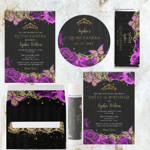 Vintage Purple Roses Black Gold Lace Quinceañera Napkin