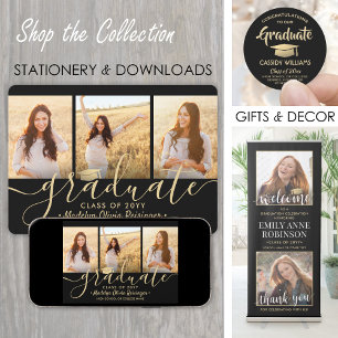4 Photo Graduation Collage Black and Gold Script Announcement