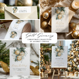 Elegant Chic Gold Baubles Greenery Christmas Party Invitation