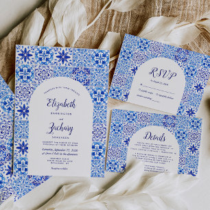 Rustic Blue Arch Portuguese Tile Wedding Invitation