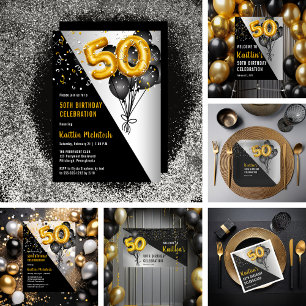 Balloons Elegant Black   Gold 50th Birthday Party Acrylic Invitations
