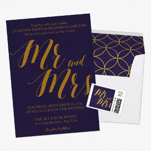 Navy Blue Rustic Chic Mrs and Mrs Lesbian Wedding Invitation