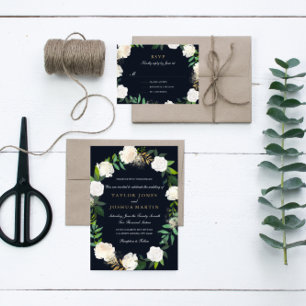 Floral Wreath Blush Navy Gold Wedding Invitation