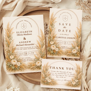Neutral Wheat Arch Floral Wedding Save The Date