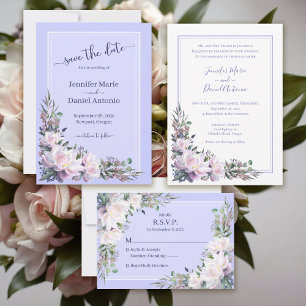 Peony Garden Periwinkle White Wedding Invitation