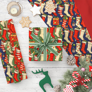 Retro Vintage Christmas Stockings Tri-Colour Wrapping Paper Sheet