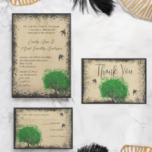 Emerald Heart Leaf Tree Barn Wood Wedding Invitation