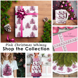 Pink Art Nouveau Whimsical Christmas Tree Satin Ribbon