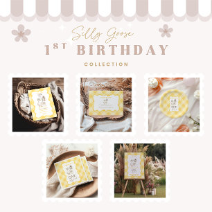 Silly Goose 1st Birthday Yellow Gingham Invitation