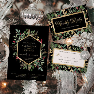 Gilded Greenery on Black   Christmas Wedding Invitation