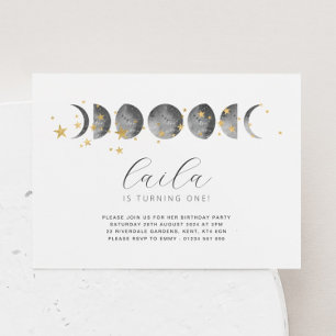 Moon Phases Gold Stars Birthday Invitation