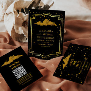 Mystical Black Gold Celestial Stars Wedding  Save The Date
