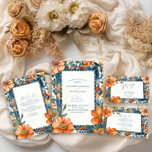 Modern Blue & White Floral Mediterranean Tiles Save The Date