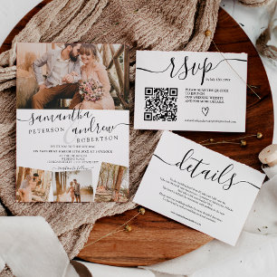 Simple black white wedding rsvp Qr code photo Enclosure Card