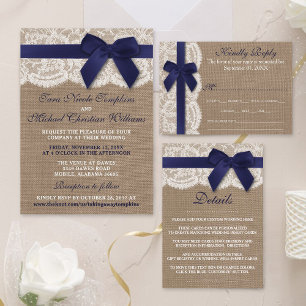 Navy Ribbon On Burlap & Lace Wedding Invitation