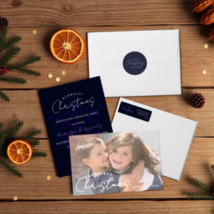 Merriest Christmas Snowflake Navy Blue Party Invitation