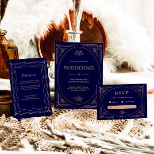 Modern Deco   Faux Rose Gold and Navy Blue Wedding RSVP Card