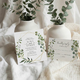 Greenery Eucalyptus Script Heart Wedding Invitation