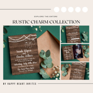 Rustic Charm Mason Jar String Lights Photo Wedding Invitation