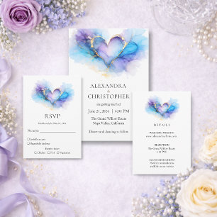 Blue Purple Gold Abstract Heart Wedding Place Card