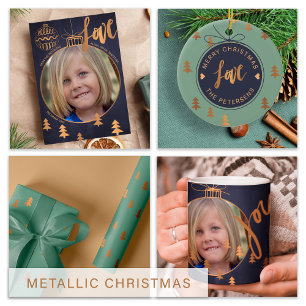 Modern Christmas photo faux metallic copper navy Holiday Card