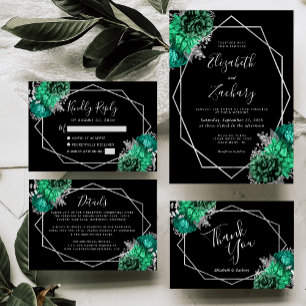 Emerald Green Floral Silver Frame Black Wedding Invitation
