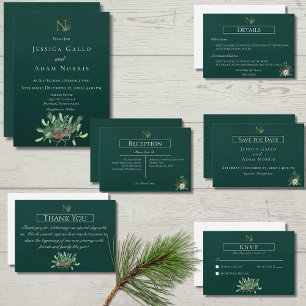Rustic Christmas Monogram Green Wedding Invitation