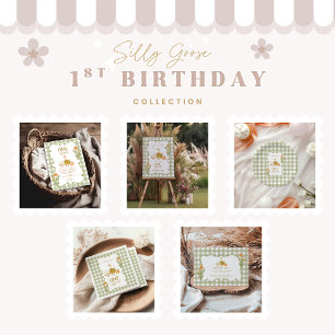  Green Gingham Silly Goose 1st Birthday Invitation