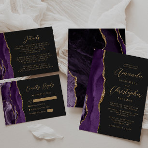 Purple Agate Gold Modern Script Slate Wedding Invitation