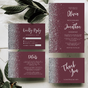 Burgundy Silver Glitter Calligraphy Wedding Invitation