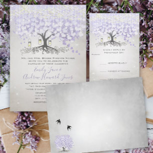 Mason Jar Purple Lavender Heart Leaf Tree Wedding Invitation