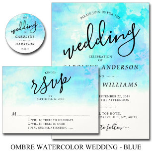 Ombre Watercolor Wedding Invitation - Blue