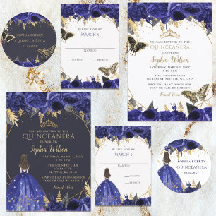 Royal Blue Gold Floral Butterflies Quinceanera RSVP Card