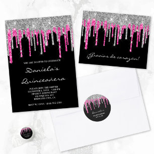 Silver Hot Pink Glitter Drips Black Quinceañera Classic Round Sticker
