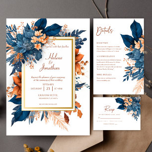 Indigo Rust Boho Floral Wedding Bridal Shower Invitation