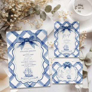 Chic Nautical Navy Blue Bow Wedding All In One Invitation
