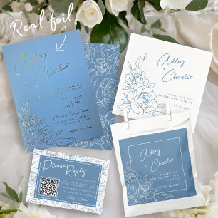 Dusty Blue & White Botanical Line Drawing Wedding