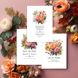 Pink, Orange and Green Floral Wedding Thank You Card