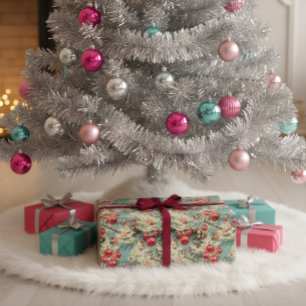 Vintage Ornaments & Christmas Florals On Soft Blue Wrapping Paper