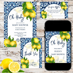 Blue tiles lemon Amalfi baby shower raffle sign