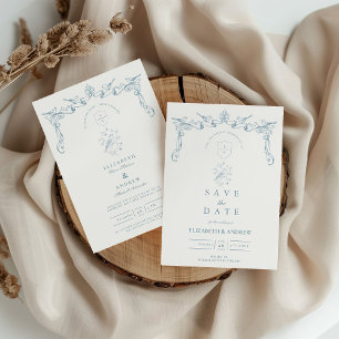 Dusty Blue Bird Baroque Wedding Invitation