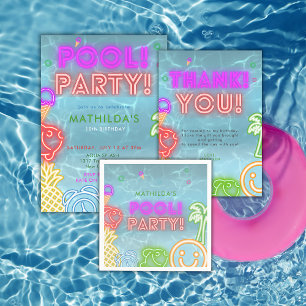 Neon Glow Pool Party Any Age Birthday  Thank You Card