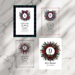 Monogram Wreath Vintage Plaid Christmas Party Invitation