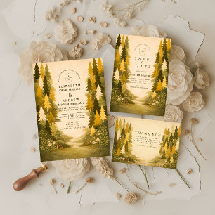Golden Pine Forest Wedding Save The Date