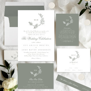 Floral Sage Green Monogram Classic Wreath RSVP Card
